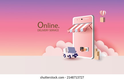 Delivery service concept.world location network paper cut and craft.App screen online transport tracking,home and office.City logistics. Warehouse, truck, forklift, courier,background.Mobile