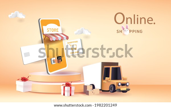 Delivery service concept.world\
location network paper cut and craft.App screen online transport\
tracking,home and office.City logistics. Warehouse, truck,\
forklift,\
courier,background.Mobile