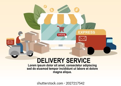 Delivery service contactless shipping concept with delivery rider and parcel package vector illustration flat design 