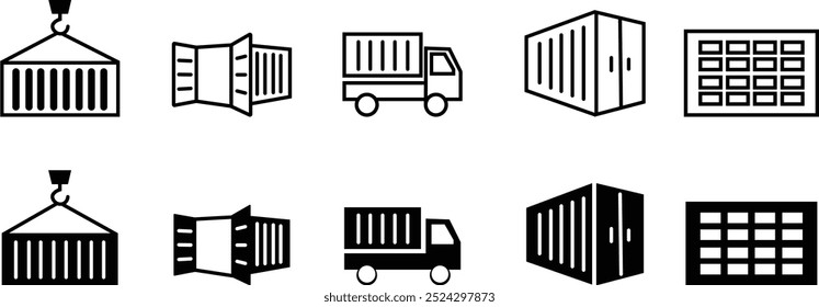 Conjunto de iconos de contenedor de servicio de entrega . Contiene el seguimiento de pedidos, entrega a domicilio, transporte, distribución, almacén, camión, mensajero e iconos de carga. Símbolo de envío. Vector de diseño de Plantilla maciza.