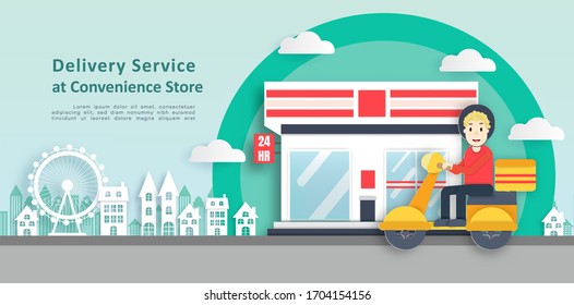 Delivery Service At Convenience Store In Paper Cut Style.  