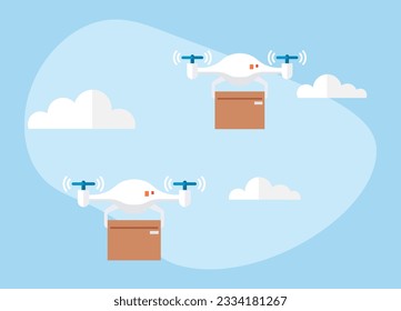 Delivery service with copter, shipping parcel package. Transportation of goods using flying copter. Future technologies online delivery of boxes. Helicopter, quadcopter with box smart urban logistics