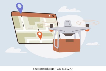 Delivery service with copter, shipping parcel package. Transportation of goods using flying copter. Future technologies online delivery of boxes. Helicopter, quadcopter with box smart urban logistics