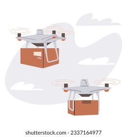 Delivery service with copter, shipping parcel package. Transportation of goods using flying copter. Future technologies of online delivery of boxes. Helicopter, quadcopter for smart urban logistics
