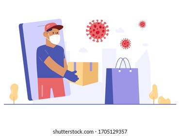 Ilustración de vectores de diseño plano con concepto de coronavirus de servicio de entrega
