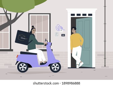 Delivery service, a courier arriving at customer's door on an electric scooter, ordering food online