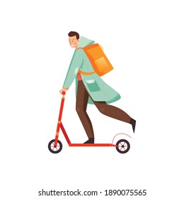 Delivery service courier with backpack on scooter flat vector illustration