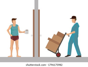 Delivery service courier with boxes to home. Flat cartoon character vector illustration isolated in white background.