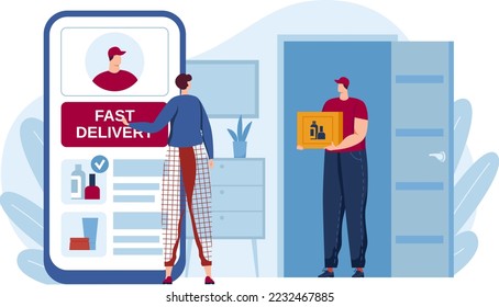Delivery service, courier bring box fast to home, online order shipping at smartphone, vector illustration. Transportation technology