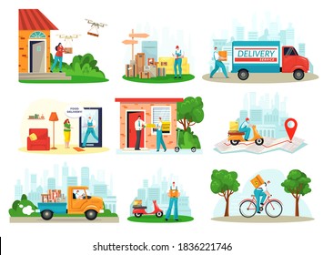 Delivery service, courier delivering box, shipping packages, freight logistic business icons flat set isolated vector illustration. Deliverman on bike, express truck, bicycle, postman and shipmen.