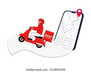 Delivery service courier delivers online food on a red scooter from a mobile food ordering application. In cartoon style, the concept of an online store for ordering goods and food from restaurants