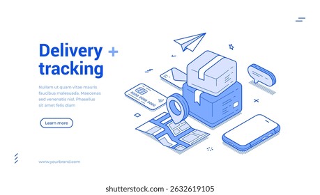 Delivery service courier GPS tracking smartphone application web banner monochrome isometric vector illustration. Online shopping post parcel cargo shipping mobile phone app landing page