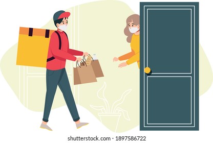Delivery service, courier in mask with products at the door. Flat design illustration. Vector