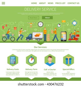 Delivery service and courier page with description of services including costs term special offers and call a courier flat vector illustration