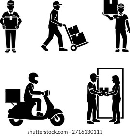 Delivery Service, Courier, and Parcel Post Worker Icon Set