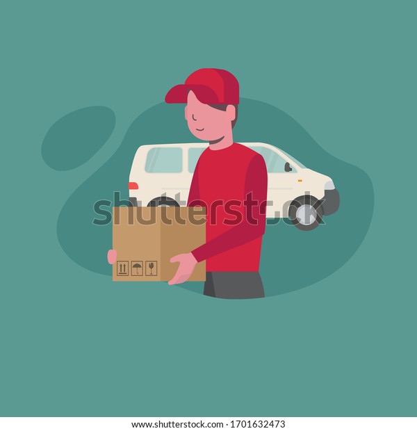Delivery service courier with parcels in\
hands. Delivery man in red uniform holding cardboard boxes behind\
white car. Door to door car delivery by\
courier