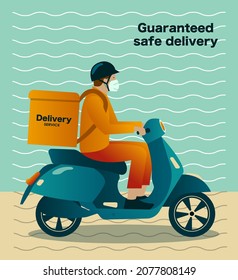 Delivery service. Courier in protective masks deliver goods and food on a motorcycle to people in quarantine. Stay home concept