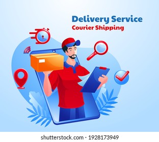 delivery service courier shipping  with a mobile smartphone