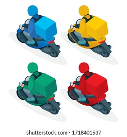 Delivery service courier. Takeaway delivery boy on scooter with isothermal food case. Isometric vector illustration. Back top and side view. Part of set.