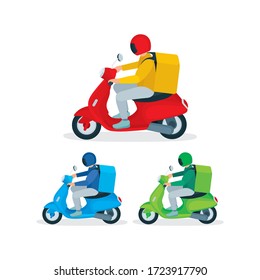 Delivery service courier. Takeaway delivery boy on scooter with thermal food case. Isometric vector illustration. Top and side view. Part of set.