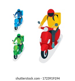 Delivery service courier. Takeaway delivery boy on scooter with thermal food case. Isometric vector illustration. Top and side view. Part of set.