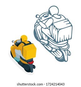 Delivery service courier. Takeaway delivery boy on scooter with thermal food case. Hand drawn isometric vector illustration. Top, side and back view. Part of set.