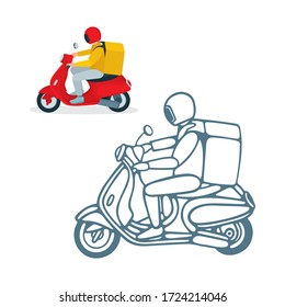 Delivery service courier. Takeaway delivery boy on scooter with thermal food case. Hand drawn isometric vector illustration. Top and side view. Part of set.