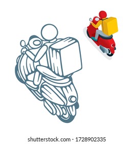 Delivery service courier. Takeaway delivery boy on scooter with thermal food case. Hand drawn isometric vector illustration. Top, side and back view. Part of set.