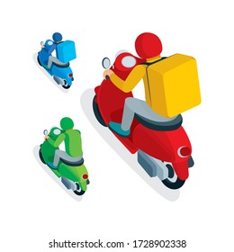 Delivery service courier. Takeaway delivery boy on scooter with thermal food case. Isometric vector illustration. Top and back view. Part of set.