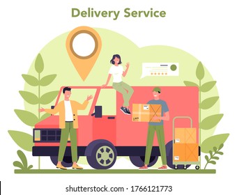 Delivery service. Courier in uniform with box from the truck. Online food delivery. Goods order in the internet. Express logistic concept. Vector illustration in cartoon style