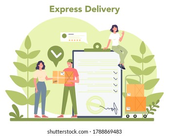 Delivery service. Courier in uniform with box from the truck. Online food delivery. Goods order in the internet. Express logistic concept. Vector illustration in cartoon style