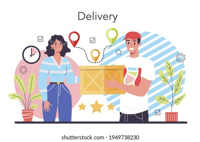 Delivery service. Courier in uniform with box from the truck. Goods order