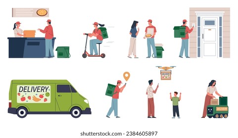 Delivery service couriers. People order food and groceries from shops, cafes, restaurants, moving goods different ways, man with backpack, on scooter, van and robot. Nowaday vector set