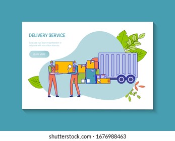 Delivery service with couriers in uniform and truck, Vector illustration. Men holding package, flat design. Line drawing with shipment concept in transportation. Smiling men making order with big