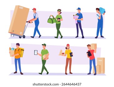 Delivery service. Couriers working delivering plastic water bottles flowers foods and products packages exact vector illustrations in cartoon style