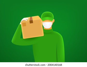 Delivery service in covid pandemic concept. The courier with the mask
