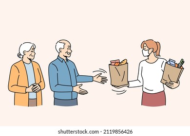 Delivery service and covid-19 concept. Senior mature couple standing getting food parcel from woman courier during pandemic times vector illustration 