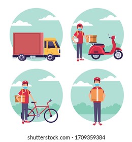 delivery service with covid19 particles vector illustration design