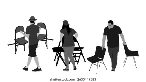 Delivery service crew man moving transport worker carrying chairs vector illustration isolated. Handyman job distribution and procurement. Boy carry chair moving service after party event. Move in.