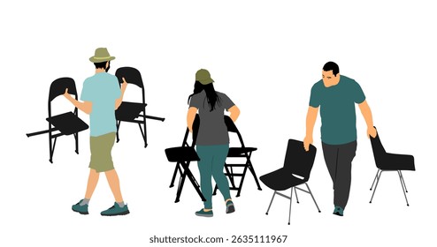 Serviço de entrega homem de transporte de deslocamento trabalhador carregando cadeiras vetor ilustração isolado. Distribuição e aquisição de emprego Handyman. Garoto carrega cadeira movendo serviço após o evento da festa. Mova para dentro.