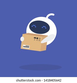 Delivery service. Cute robot holding a cardboard box. New technologies. Flat editable vector illustration, clip art