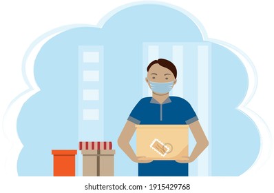 Delivery Service, Deliver Holds Boxes In Hands, Fast Delivery, Vector Illustration, Flat Illustration