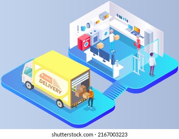 Delivery service delivers goods from electronics store. People in shopping mall. Looking for household appliances for home and kitchen. Electronics center room interior with customer and equipment