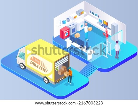 Delivery service delivers goods from electronics store. People in shopping mall. Looking for household appliances for home and kitchen. Electronics center room interior with customer and equipment