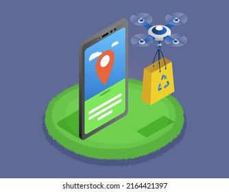 Delivery service delivers parcel using flying drone. Modern technologies mobile online shopping, e-commerce, express shipping. Contactless shopping without leaving home, payment and delivery online