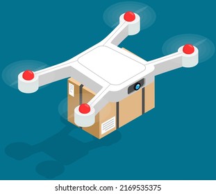 Delivery service delivers parcel using flying copter. Future technologies of online home delivery of boxes, goods to door. Control panel, helicopter, quadcopter. Smart city concept. Urban logistics