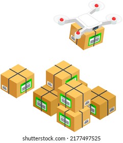 Delivery service delivers parcel using flying drone. Future technologies of online home transfer of boxes, goods to door. Control panel, helicopter, quadcopter. Smart city concept. Urban logistics