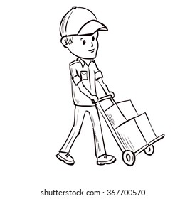 Delivery service, deliveryman. Hand drawn cartoon vectorl illustration.