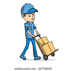 Delivery service, deliveryman. Hand drawn cartoon vectorl illustration.