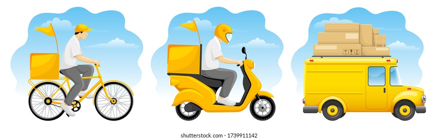 Lieferung von Service Designs. Schnelle Lieferung per LKW, Roller und Fahrrad mit Kurierdienst. Vector-Abbildung.